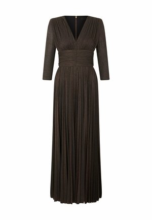 Vestito lungo plissettato marrone scuro con maniche tre quarti, scollatura a V profonda e cintura arricciata.