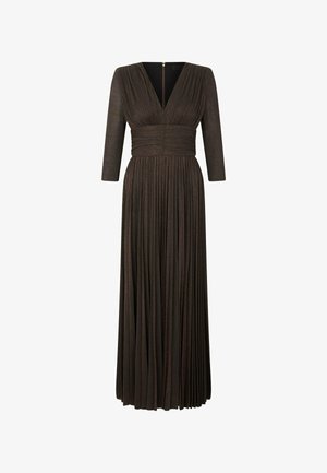 Long dark brown pleated dress with three-quarter sleeves, deep V-neckline, and ruched waistband.