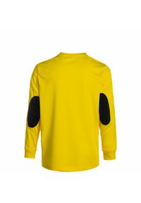 Chemise à manches longues jaune avec des accents de coudières rembourrées noires. Texture lisse, col rond et poignets ajustés. Vue arrière affichée.