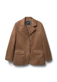 Blazer in suede marrone con colletto a revers, due tasche frontali e tre bottoni sul davanti. Tessuto morbido e vestibilità su misura.