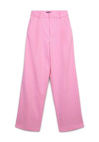 Pantaloni a gamba larga rosa con un design a righe, realizzati in tessuto leggero, con vita alta e passanti per cintura.
