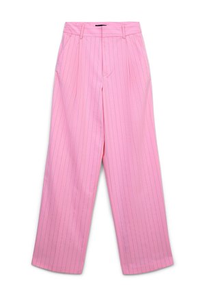 Rosa weite Hosen mit einem Nadelstreifenmuster, gefertigt aus leichtem Stoff mit hoher Taille und Gürtelschlaufen.