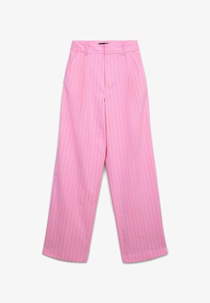 Pantaloni a gamba larga rosa con un design a righe, realizzati in tessuto leggero, con vita alta e passanti per cintura.