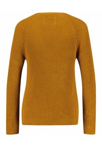 Mosterdgele, lange mouw, gebreide trui met een geribbelde textuur en een ronde halslijn. Voorzien van een naadloos ontwerp en taps toelopende mouwen.