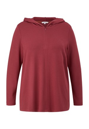 Roter Hoodie mit langen Ärmeln und halblangem Reißverschluss, aus weichem, strukturiertem Stoff. Hat einen lockeren Schnitt und eine Kordelzugkapuze.