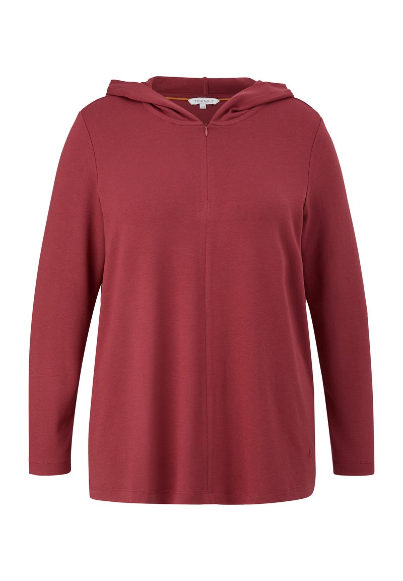 Crvena dukserica s dugim rukavima i polu-zip zatvaranjem sprijeda, napravljena od mekog, teksturiranog materijala. Ima opušteni kroj i kapuljaču s vezicom.