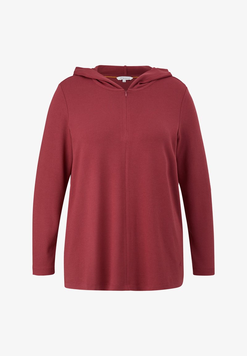 Roter Hoodie mit langen Ärmeln und halblangem Reißverschluss, aus weichem, strukturiertem Stoff. Hat einen lockeren Schnitt und eine Kordelzugkapuze.