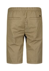 Beige lichtgewicht shorts met een elastische tailleband, twee achterzakken en een schone, gladde textuur. Ontworpen voor comfort en mobiliteit.