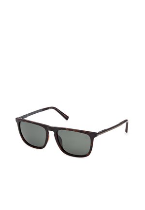 Rechteckige Schildpatt-Sonnenbrille mit dunkel getönten Gläsern und schlanken Bügeln, leicht schräg auf weißem Hintergrund liegend.