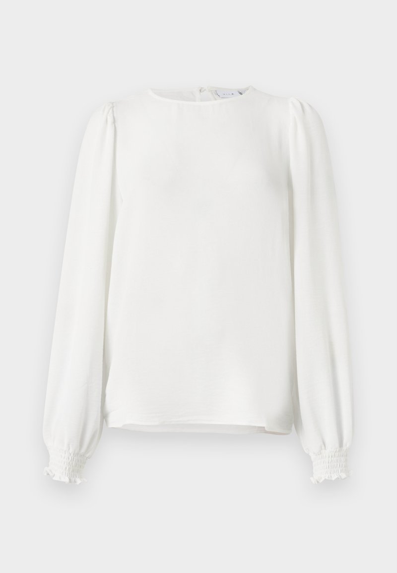 White long-sleeve blouse made from lightweight fabric, featuring a rounded neckline, gathered puff sleeves, and elastic cuffs.