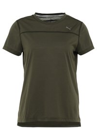 Olivgrön kortärmad sporttop i fuktavledande tyg. Har kontrasterande svart sömnad och en subtil logotyp på br�östet.