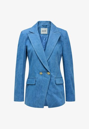 Blazer en denim bleu clair à coupe ajustée, col à revers crantés, deux poches avant, boutons dorés, et doublure intérieure en satin.