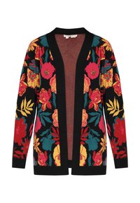 Cardigan nero con vivaci motivi floreali in rosso, giallo e teal. Design con apertura frontale, maniche lunghe e polsini a coste.