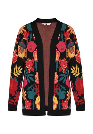 Černý cardigan s barevnými květinovými vzory v červené, žluté a tyrkysové. Otevřený přední design s dlouhými rukávy a žebrovanými manžetami.