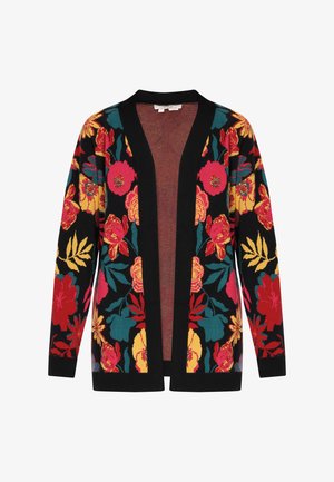Černý cardigan s barevnými květinovými vzory v červené, žluté a tyrkysové. Otevřený přední design s dlouhými rukávy a žebrovanými manžetami.