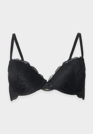 Soutien-gorge noir en dentelle avec armatures, bretelles réglables et motif floral sur les bonnets, présenté sur fond gris clair.