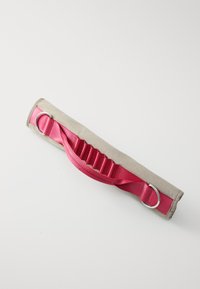 Pink fabric strap with a beige backing, featuring a textured grip area and a silver metal ring on one end for attachment.