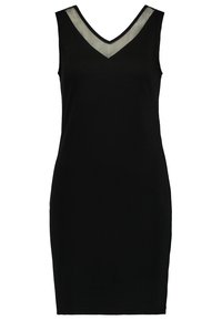 Svart ärmlös klänning med V-formad halsringning, med en genomskinlig panel vid bröstet, figursydd silhuett och slät tygkänsla.