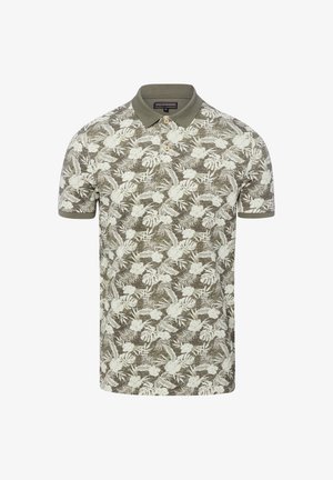 Korte mouw olijfgroen poloshirt met wit tropisch bloemen- en bladerenpatroon, twee-knopsplooi en effen kraag en mouwboorden.