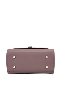 Rectangular mauve leather handbag base with pebbled texture and four gold metal feet on a white background.