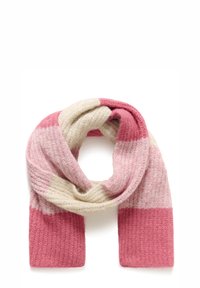Strikket halstørklæde med skiftende striber i lyserød, mørk rosa og creme. Blød tekstur med en bred, rektangulær form.