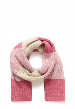 Dziany szalik z naprzemiennymi paskami w jasnoróżowym, ciemnoróżowym i kremowym kolorze. Miękka w dotyku faktura o szerokim, prostokątnym kształcie.