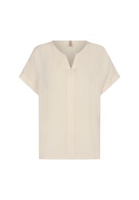Lys beige kortærmet bluse med V-udskæring, afslappet pasform og subtil detalje med søm foran. Fremstillet af et glat, let stof.