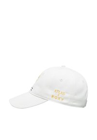 White cotton cap featuring yellow and green embroidered text "ATLAS x ROXY" and a logo, with a curved brim and adjustable strap.