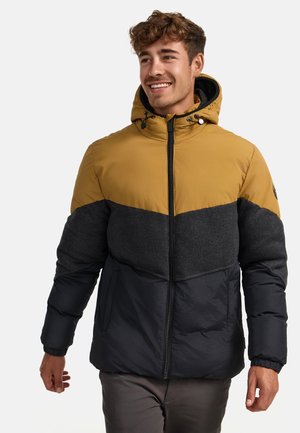 Padded jacket with a color-block design. Top is mustard yellow, middle is dark grey, and bottom is navy blue. Features a hood and zip closure.