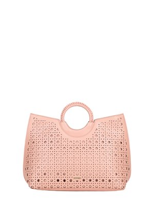 Borsa tote rosa chiaro con motivo a fori circolari e manici rotondi intrecciati, dotata di una piccola piastrina con il logo del marchio.