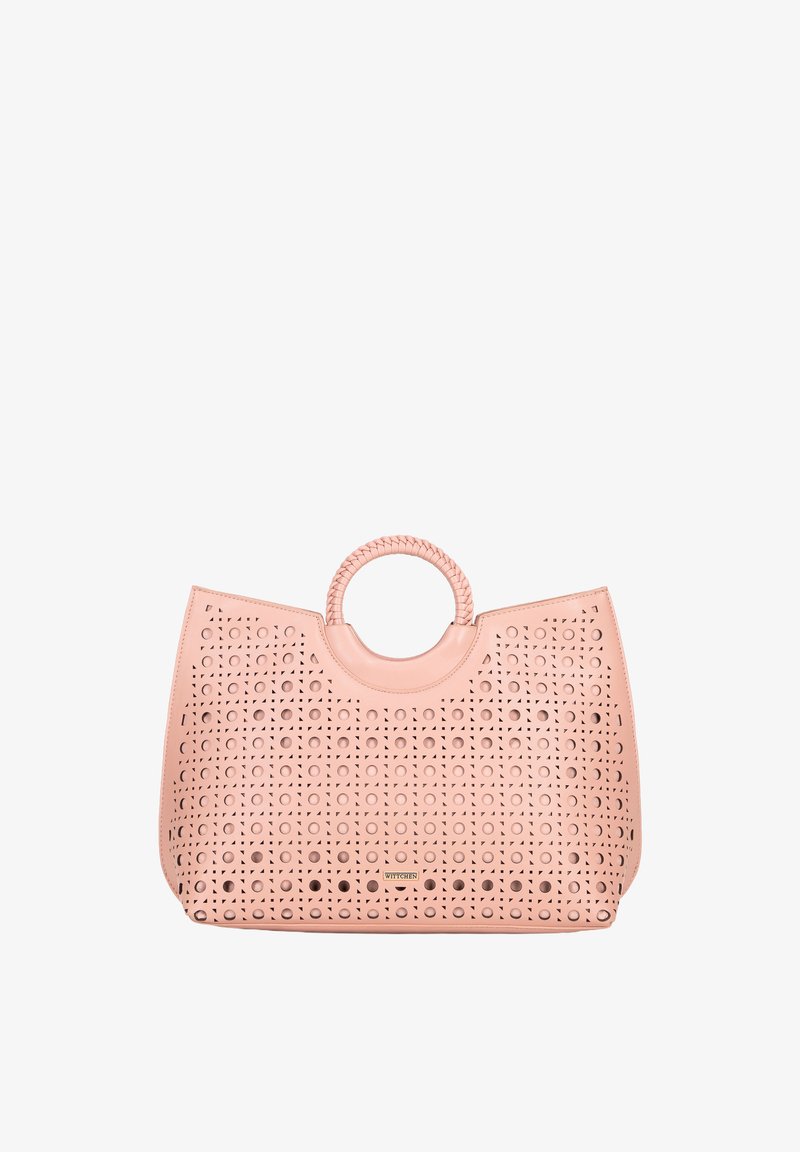Lichtroze draagtas met een cirkelvormig uitsnijdpatroon en gevlochten ronde handvatten, met een kleine metalen merklogo-plaat.