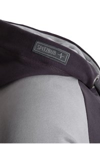 Hoodie met een donkerpaars en grijs kleurengedeelte, zachte stof en een gestikt label met de "SPITZBUB" branding.