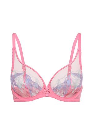 Pink sheer bra with blue and white floral embroidery, adjustable straps, and a small bow with a charm at the center front.