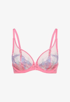 Rosa gjennomsiktig BH med blå og hvit blomsterbroderi, justerbare stropper og en liten sløyfe med en charm midt foran.