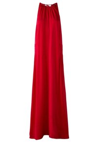 Robe longue rouge à col halter, en tissu lisse, avec des fentes latérales et un design froncé au niveau de l'encolure. La longueur atteint le sol.