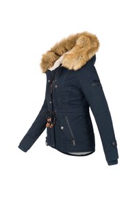 Donkerblauwe winterjas voor vrouwen met een met bont gevoerde capuchon, rits- en knoopsluitingen, zijzakken en een verstelbare taillekoord.