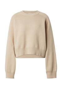 Beige kurzer Pullover aus weichem Material, mit rundem Ausschnitt, gerippten Bündchen und einem lockeren Schnitt mit Raglanärmel.