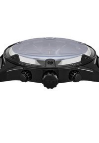 Montre noire avec un boîtier en acier inoxydable, un cadran en verre transparent, des marqueurs d'heure proéminents et deux grands boutons sur les côtés.