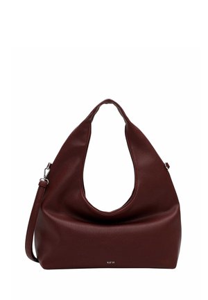 Dark brown leather hobo bag with slouchy shape, wide strap handle, and small metal clasp on side against white background.