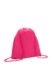 Zaino a cordoncino in tessuto rosa brillante. Presenta una forma semplice e triangolare con una texture liscia e chiusure a cordoncino coordinate.