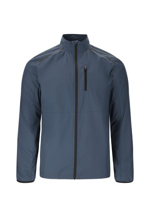 Miesten kevytru navy sininen takki, jossa korkea kaulus, kokopitkä vetoketju edessä ja vetoketjullinen rintatasku.