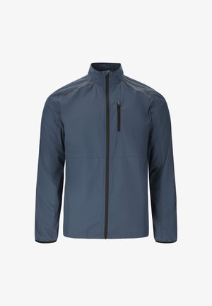 Miesten kevytru navy sininen takki, jossa korkea kaulus, kokopitkä vetoketju edessä ja vetoketjullinen rintatasku.