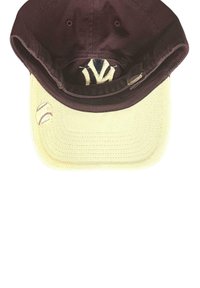Dark maroon baseball cap with adjustable strap and cream-colored brim featuring a small baseball graphic on the left side.
