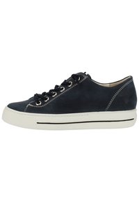 Dark blue leather sneaker with white rubber sole, contrasting stitching, and metal eyelets for laces. Rounded toe design and smooth texture.
