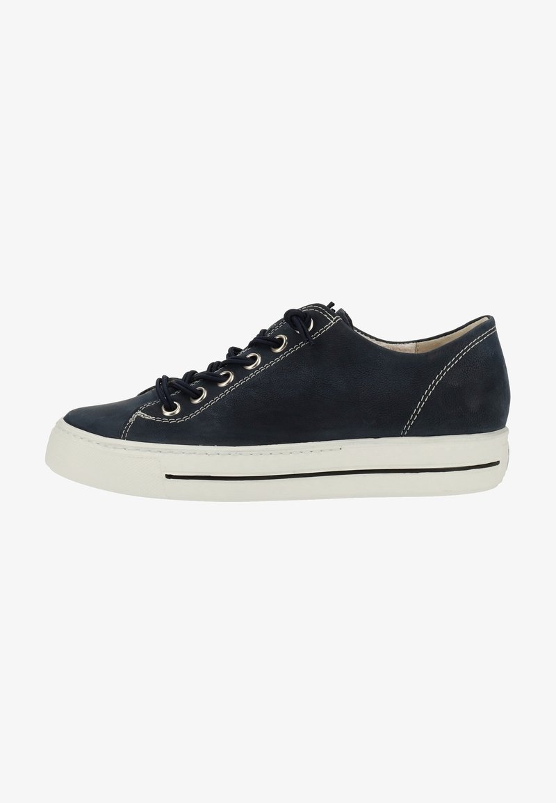 Dark blue leather sneaker with white rubber sole, contrasting stitching, and metal eyelets for laces. Rounded toe design and smooth texture.