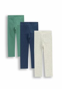 Trzy pary prążkowanych legginsów w kolorze zielonym, granatowym i jasnoszarym. Każda z nich ma tylną kieszeń i dopasowany krój dla komfortu.