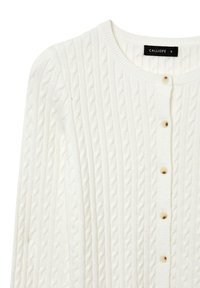 Weißer gestrickter Cardigan mit Zopfmuster, rundem Halsausschnitt und fünf Knöpfen aus hellfarbigem Material.