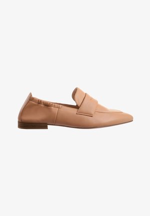 Tan leather loafers with a pointed toe and a wide strap across the upper. Soft texture and elasticized back for a comfortable fit. Flat sole.