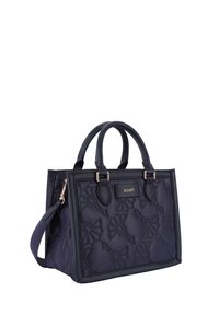 Laadukas tummansininen tilkkukäsilaukku, jossa on kukkakuosi, kaksinkertaiset yläkahvat, säädettävä olkahihna, kultasävyiset metalliosat ja logo-plaatti.