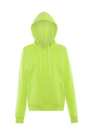Bluza z kapturem w jasnym neonowym zielonym kolorze z długimi rękawami, przednią kieszenią i kapturem ze sznurkiem, prezentowana na białym tle.